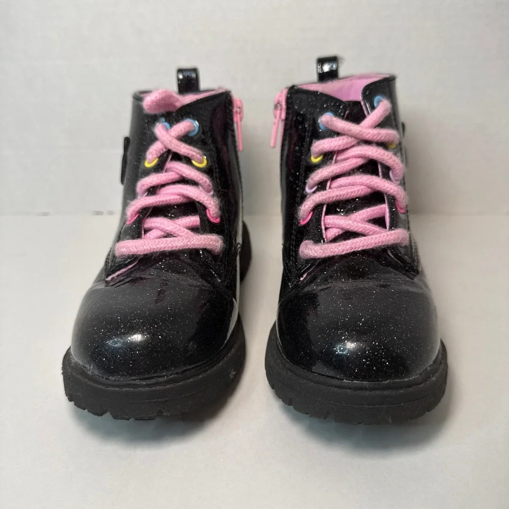 Disney Minnie Mouse Girls Black Glitter Combat Boots Side Zip Size 9